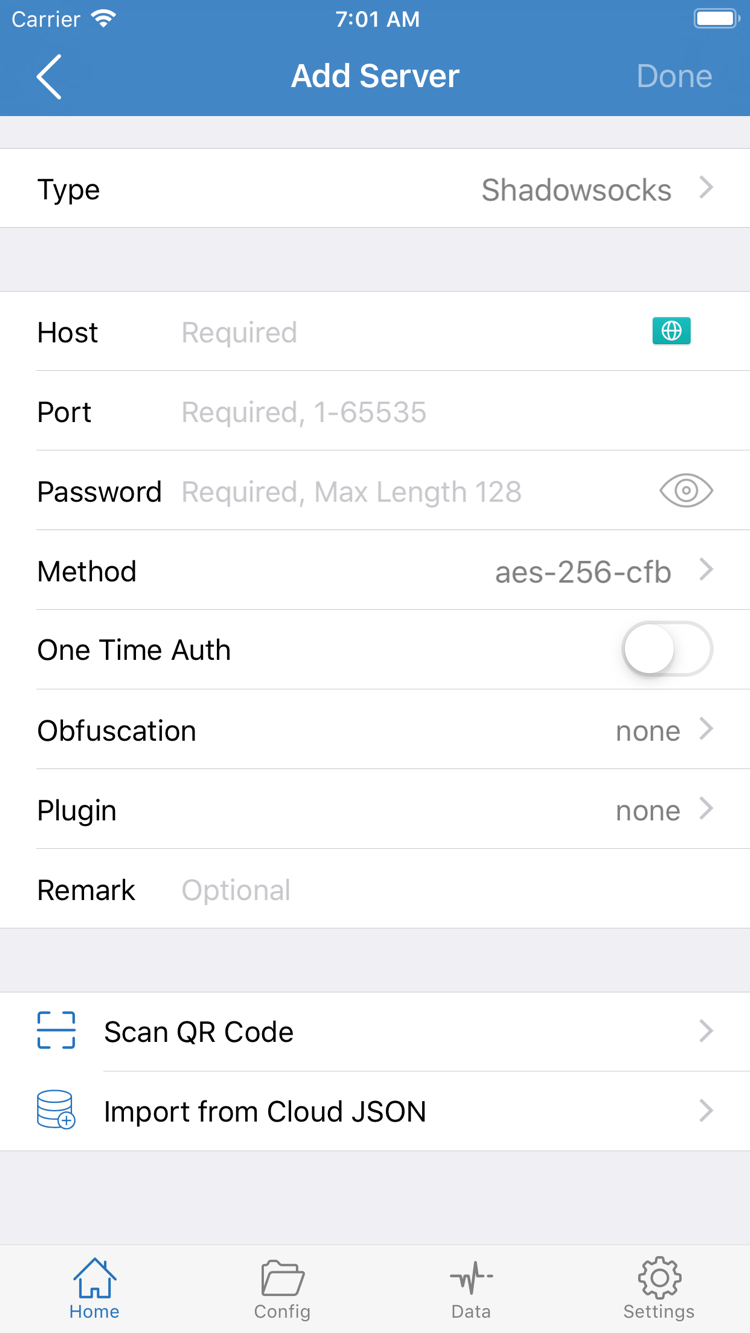 Shadowrocket Add Server screen showing Type, Host, Port, Password, Method, Scan QR Code, and Import from Cloud JSON