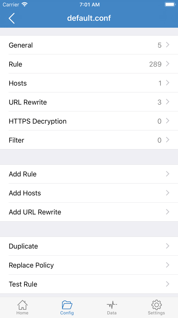 Shadowrocket Config editor showing General, Rule, Hosts, URL Rewrite, HTTPS Decryption, and Add Rule
